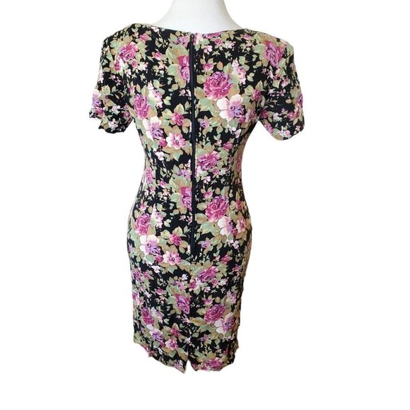Vintage 90s Black Pink Floral Casual Dress Roses Size 6 8 Rayon Knee‎ Length - Picture 6 of 11